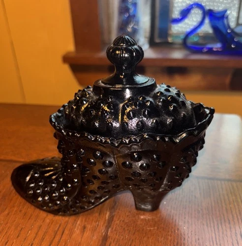 RARE Vtg Fenton 5.5” Solid Black Hobnail Shoe/Boot  Lid Trinket Jewelry Box HTF
