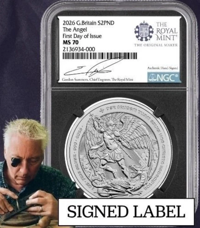 🇺🇸2026 British Angel Silver Coin NGC MS70 FDOI Signed St. Michael & Dragon - Image 2 of 4