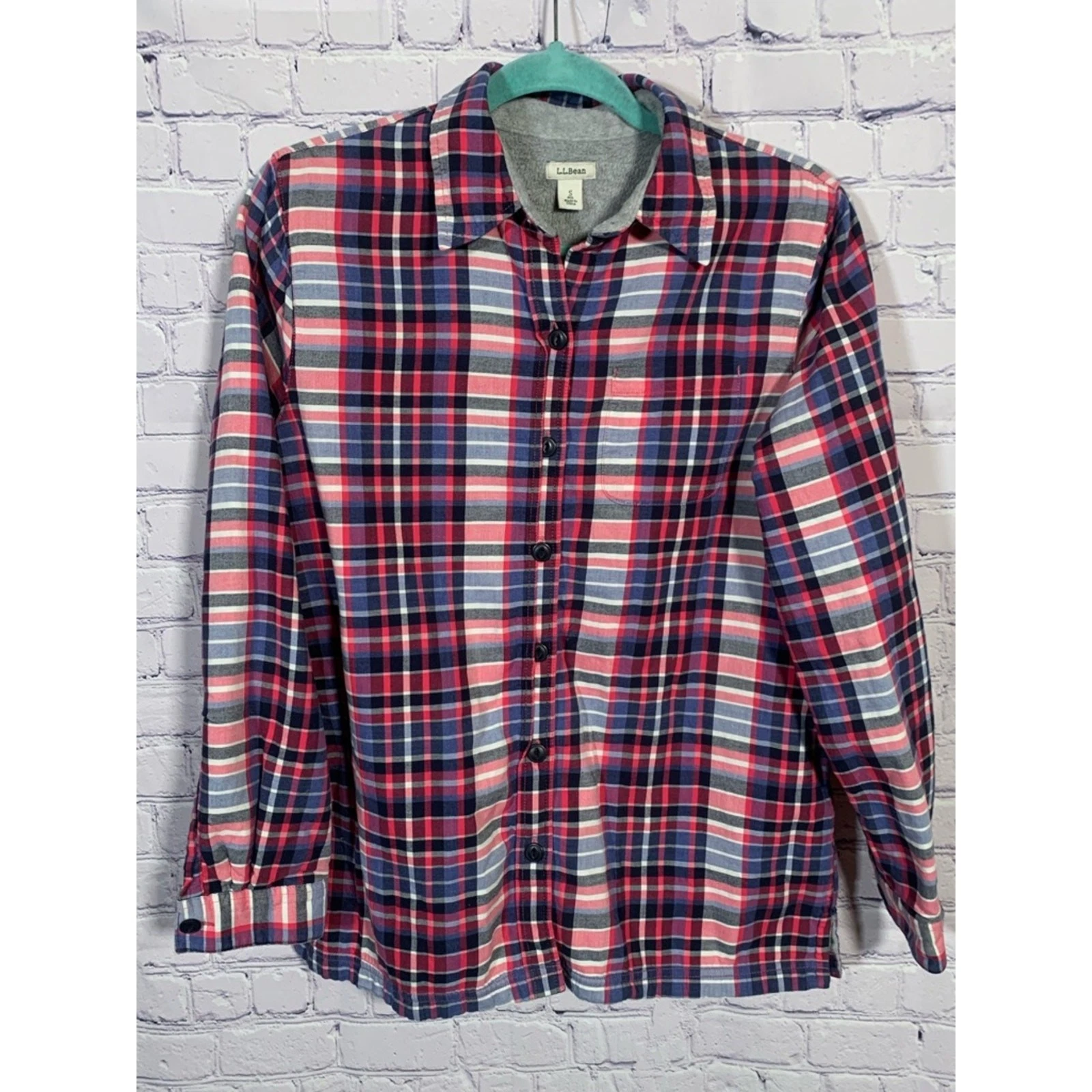 L.L.Bean Womens Fleece Lined Flannel Shirt Plaid Pink Sz S Cotton Outdoor Casual