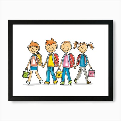 Hand drawn Kids Going To School 4 A Framed Wall Art Poster Canvas Print Picture