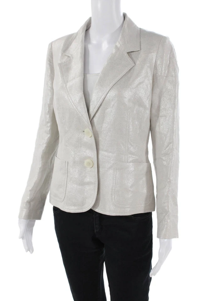 Michael Michael Kors Womens Two Button Metallic Linen Blazer Jacket Beige 10 - Image 3 of 4