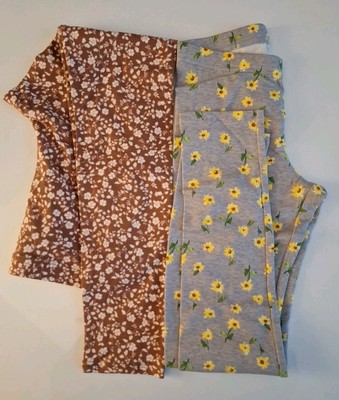 Set Of 2 Old Navy Girls Leggings Size L 10/12  Brown Floral & Gray Daisy Floral