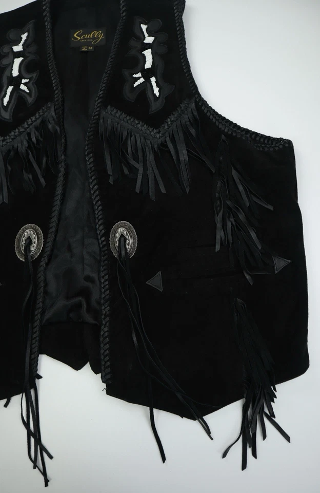 Vintage Scully Hand Beaded Genuine Leather Vest Fringed Black Size 48 2XL - Image 2 of 4