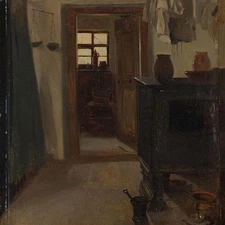 Interior Farmhouse Cat Kitchen Classicism Unknown Oil on Painting Board 19th Century