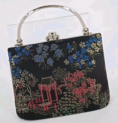 #ad VINTAGE Purse Snap Lock Closure Needlepoint Tapestry Asia Print W Metal Details $33.14