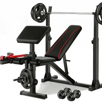 900LBS Profesional Weight Bench Set and Barbell Rack with Safety Spotter Catches