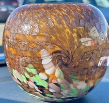 Modern MAKORA KROSNO Blown Art-Cased Glass, Copper Adventurine Infused Bowl/Vase