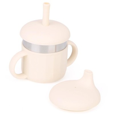 Baby Sippy Cup Silicone Stainless Steel Straw Lid 612 Months 7.4 Oz Beige