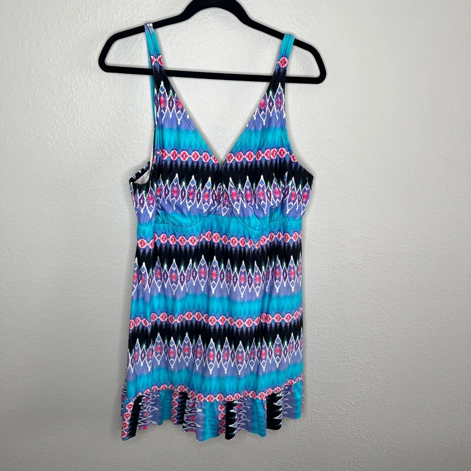 La Blanca Womens 22 Blue Purple Geometric One Piece Swim Suit Dress - Image 2 of 4