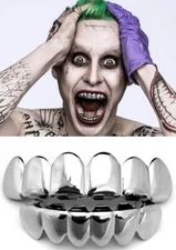 18K White Gold Suicide Squad Joker Halloween Costume Silver Teeth Grillz Set