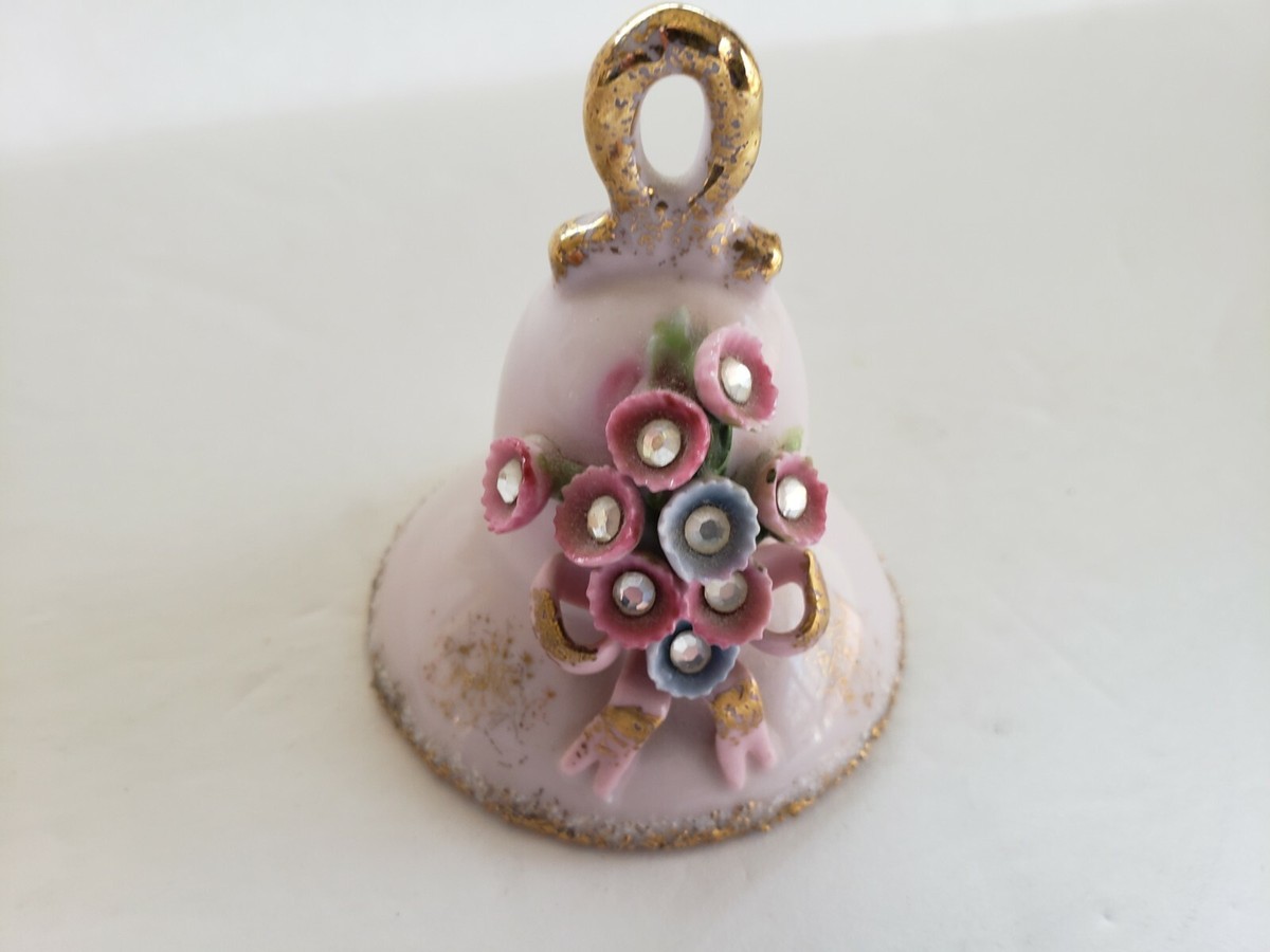 VINTAGE MADE IN JAPAN BELL WITH FLOWERS AND RHINESTONES ORIGINAL