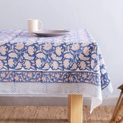 Floral Bloc Coton Imprimé Nappe Rectangle 60x90 Bleu Blanc Avec 6 Serviette - Photo 1/4