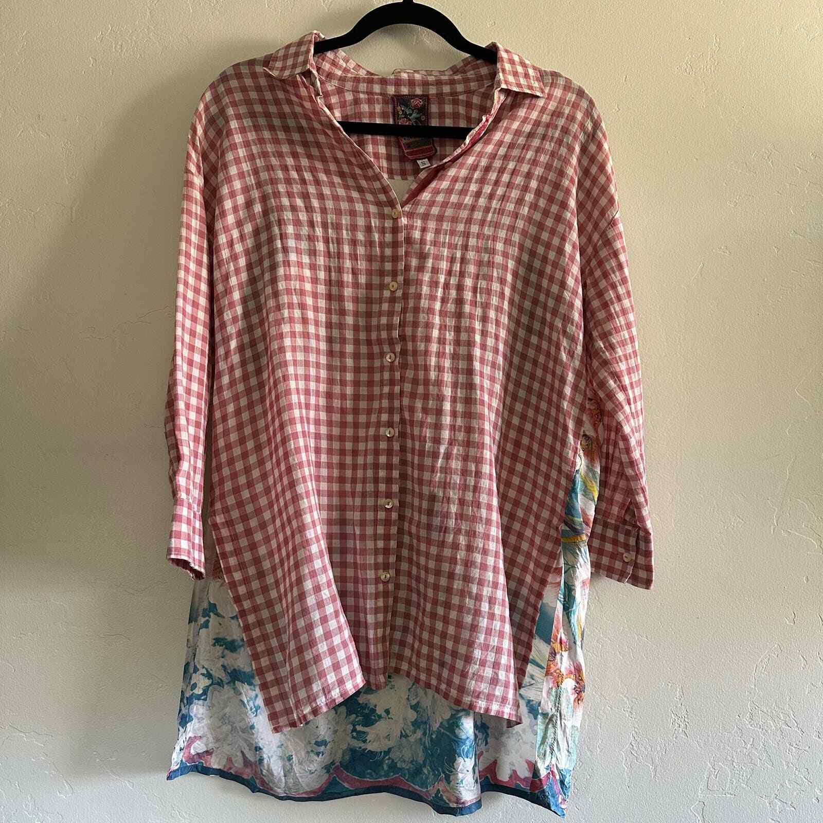 Johnny Was Workshop button up gingham floral silk… - image 9