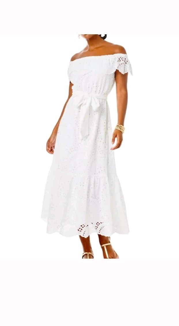 Dress-$358 Medium Geri Off-The-Shoulder - NWT-Swirly Fern Scalloped-resort white