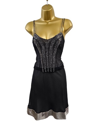 UK 10 KAREN MILLEN Vintage Black Silk Beaded Camisole Flare Dress Party Evening - Picture 4 of 11