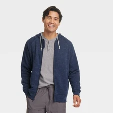Men's Cotton Fleece Full Zip Hooded Sweatshirt All in Motion Heathered Navy M L