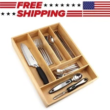 Wooden Silverware Tray Organizer Spoons Forks Cutlery Holder for Drawer, 6-Slots