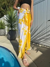 Hawaiian Sarong Yellow & White Plumeria Beach Pareo Luau Cruise Wrap Dress