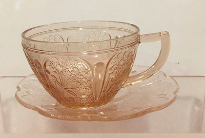 Pink Cherry Blossom tea coffee cup & saucer Depression glass by Jeannette.