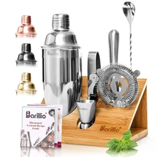 Barillio Bartender Kit - Stainless-Steel Cocktail Shaker Set with Bamboo Stan...