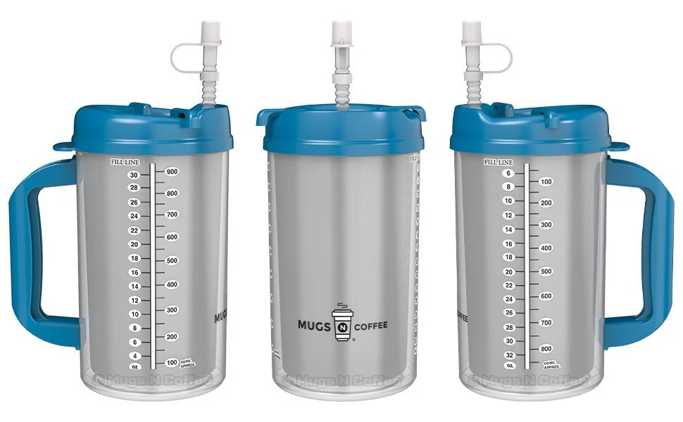 Pearl Blue 32 oz Hospital Mugs with Straws and Lids - Insulated Travel Cups