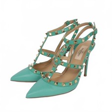 Valentino Rockstud Strap Heel Sandals Pointed Toe 37 Green Ladies