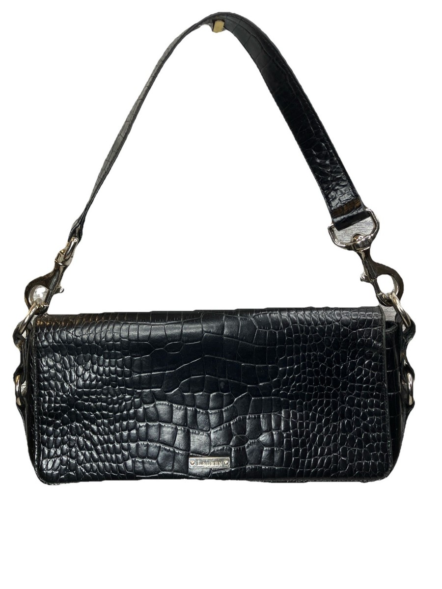 Lauren Ralph Lauren Black Crocodile Shoulder Bag Silver Hardware