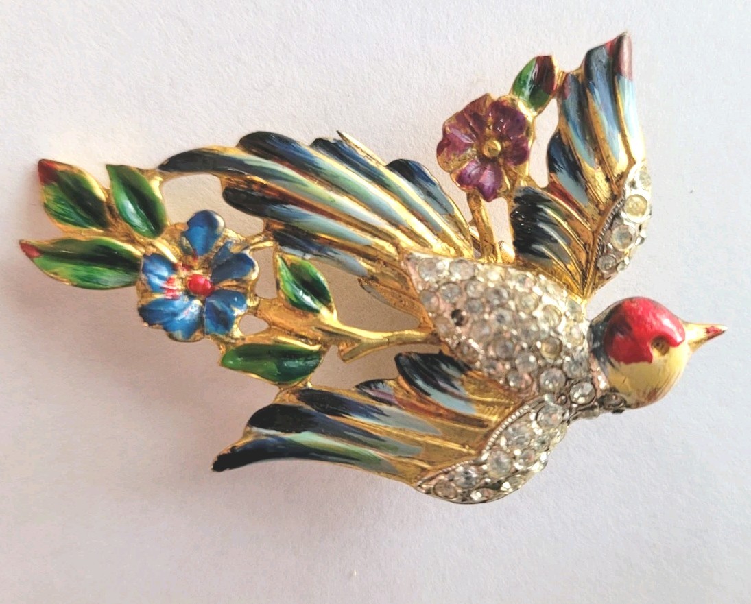 Corocraft Sterling Silver Enamel Floral Bird Dress Fur Clip Rare Duette View 6