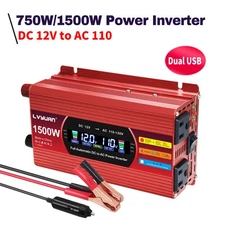 1500W Peak 750W Power Inverter 12V to 110V Car Converter LCD 2USB for RV Laptop