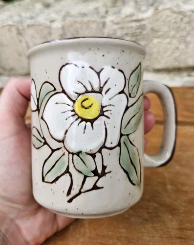 Vintage Otagiri Style Stoneware Coffee Mug Speckled w/ White & Yellow Flowers 