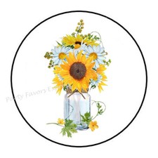 30 SUNFLOWER DAISY VASE ENVELOPE SEALS LABELS STICKERS FAVORS 1.5" ROUND