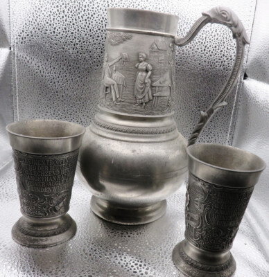 FRIELING ZINN 8.5  PEWTER PITCHER  4.25  CUPS West Germany Tags