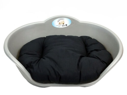 LARGE PLASTIC SILVER GREY PET BED WITH BLACK CUSHION DOG CAT SLEEP BASKET - Picture 1 of 1