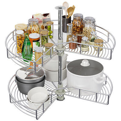 28-Inch Kidney Shaped Chrome Pie Cut 2-Shelf Lazy Susan Corner Organizer Silver