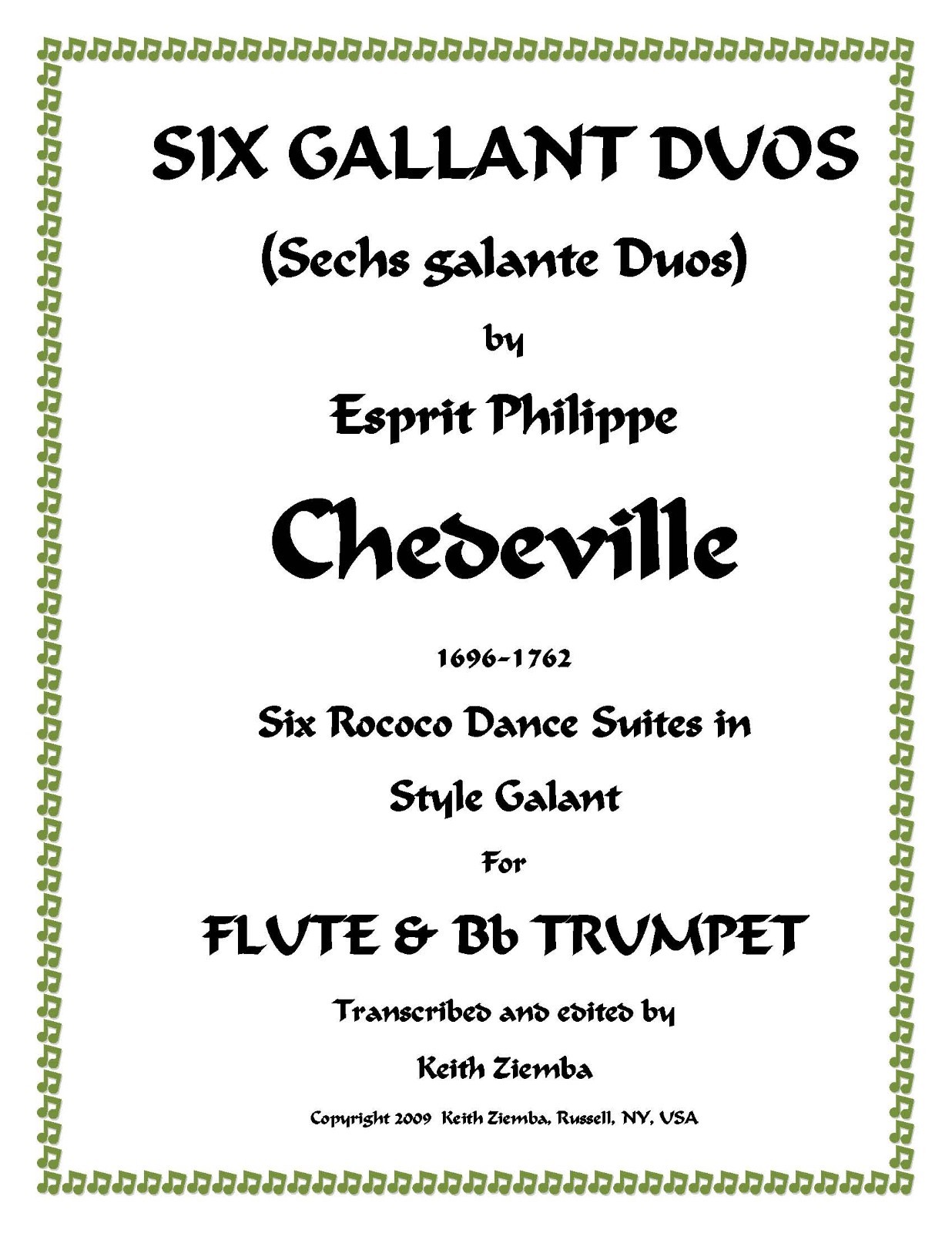 Flute & Trumpet Duets 6 Gallant Duos Chedeville Rococo NEW 32 pp. 6 Dance Suites