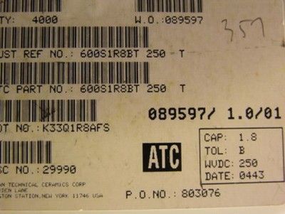 100 ATC600S1R8BT250T 1.8pF +-.1pF 250V Rf Microwave Capacitors