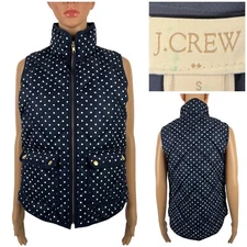 J Crew Womens Small Vest Quilted Down Navy Polka Dot Puffer Jacket Full Zip