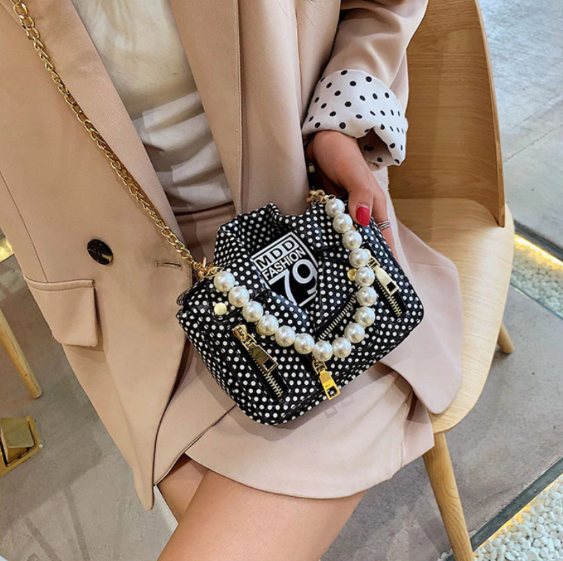 Bolso Pequeño Original En Forma De Chaqueta De Cuero Sintético Negro Con Lunares