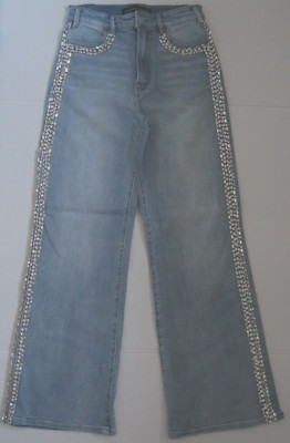 New Boston Proper Malibu Embellished Crystal Trim Palazzo High Rise Jeans Size 6