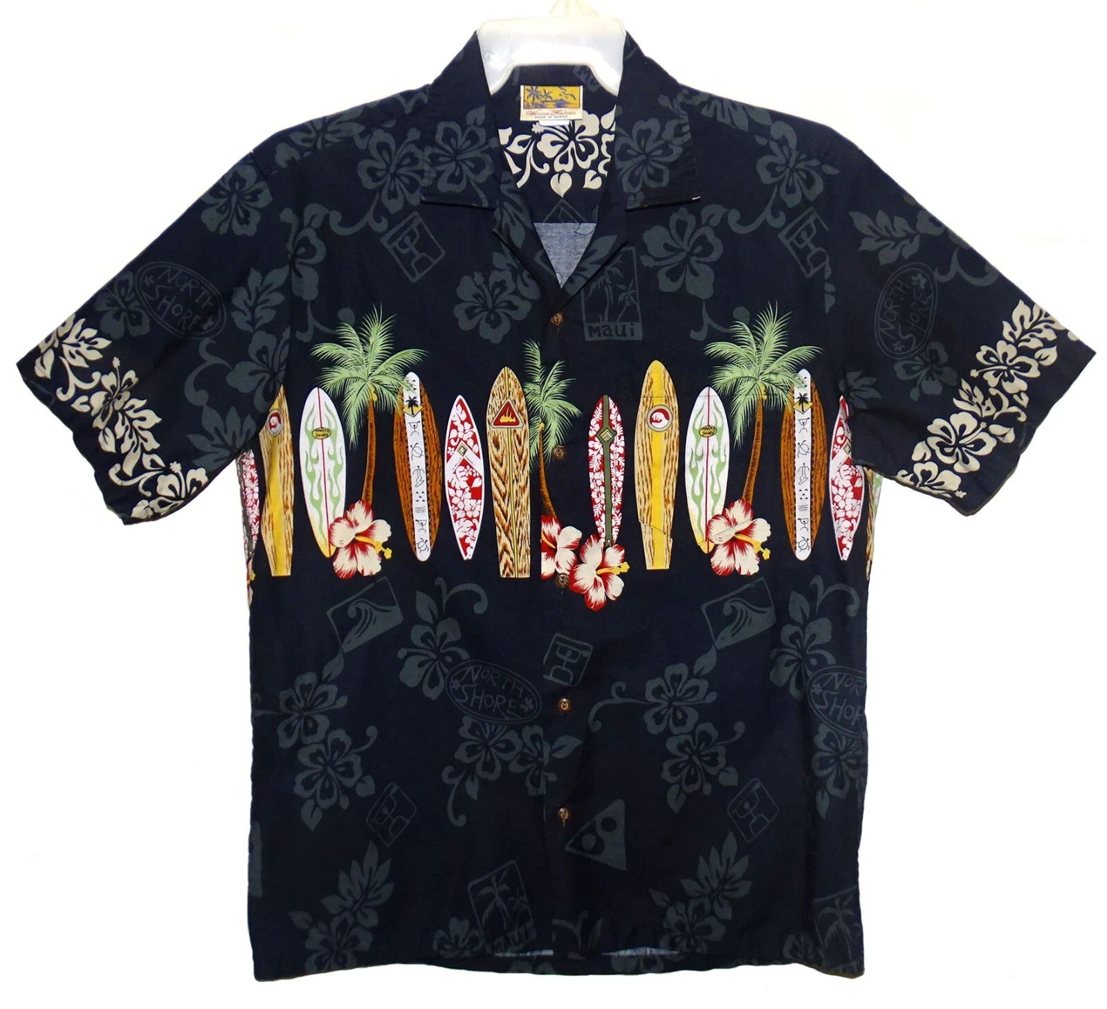 Sz L Winnie Fashion Hawaiian Aloha Shirt North Shore Surf Boards Black Cotton