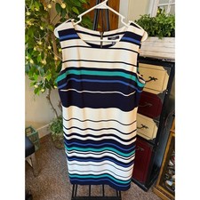 CHAPS Women's Size 16 Striped Sleeveless Sheath Dress Navy Teal Blue Gold Zip