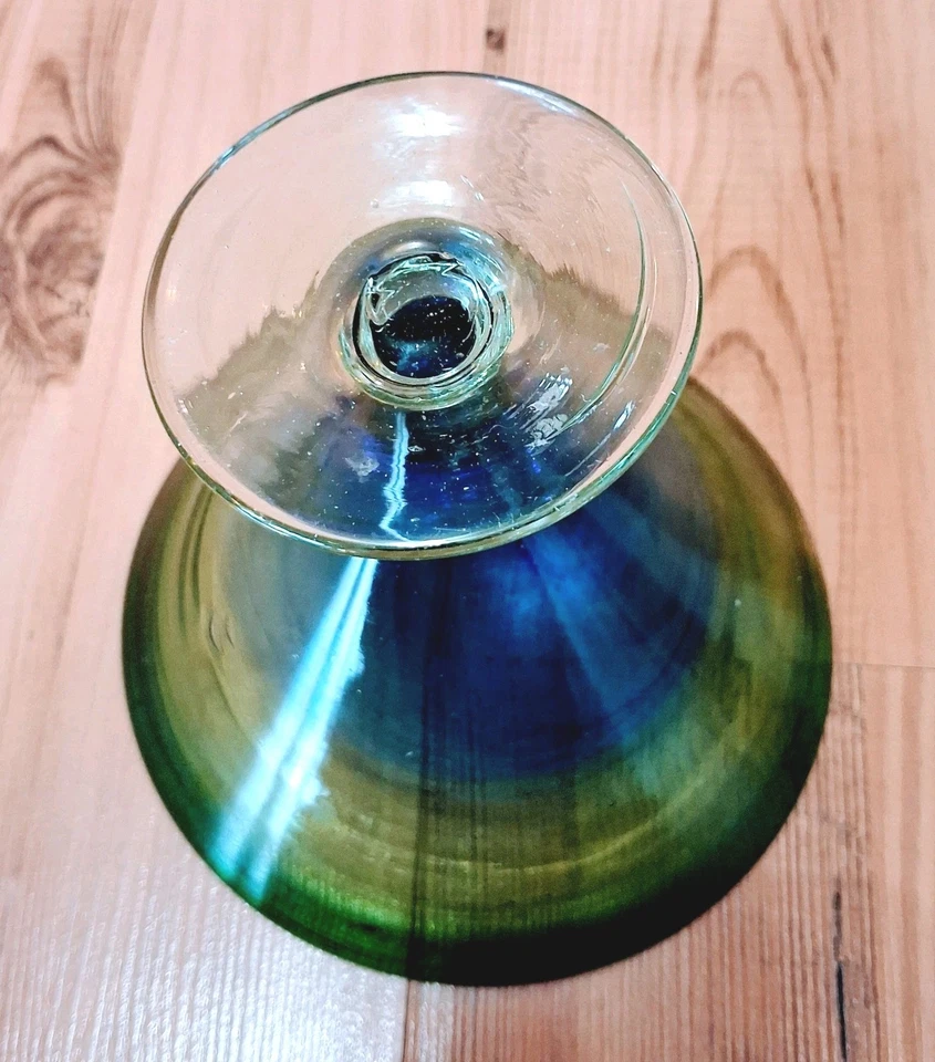 Jarrón de vidrio artístico soplado a mano estilo Murano azul verde ombre cono pedestal Foto 4 de 4