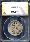 1916-D 50c Walking Liberty Half G-4 ANACS # 7810188 + Bonus