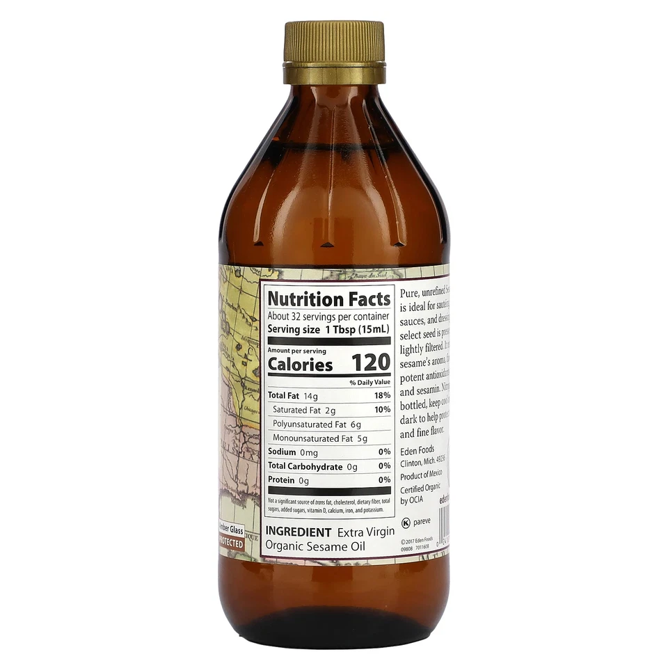 Aceite de sésamo orgánico Eden Foods sin refinar 16 fl oz 473 ml kosher, orgánico Foto 2 de 2