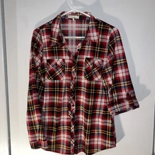 Win Win Women's Lace Plaid Red Long Sleeve  Button Down Shirt Size M