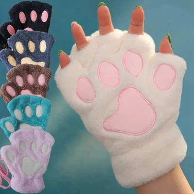 Unisex - Onesize - Beige & Fingerless Cat Paw Gloves/Mittens - Soft Plush & Warm