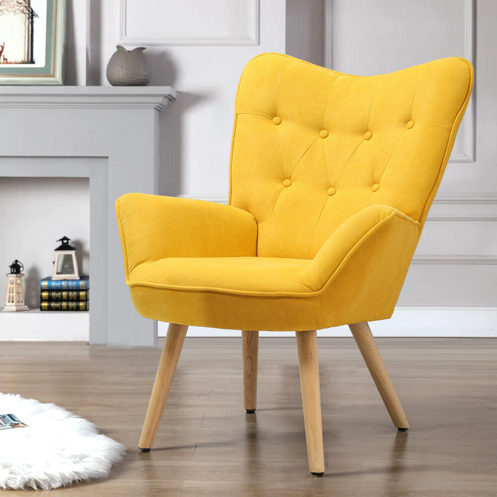 Tub Chair Modern Accent Chair Curved Back Linen Upholstered Armchair Wooden  Legs - Main Image