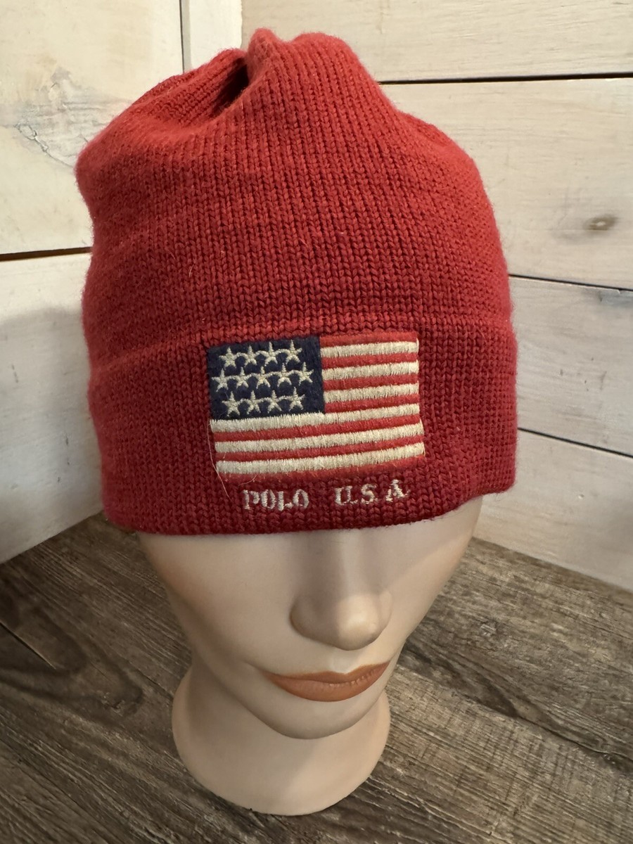 VTG 90's Polo Ralph Lauren Vintage Knit Beanie Cap Red USA Flag