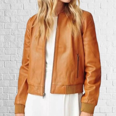 hideworks Damen Bomber Echtleder Jacke Orange Biker Motorradjacke Reißverschluss