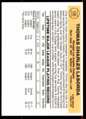 Donruss Tom Lasorda 1983 #136 - Imagen 2 de 2